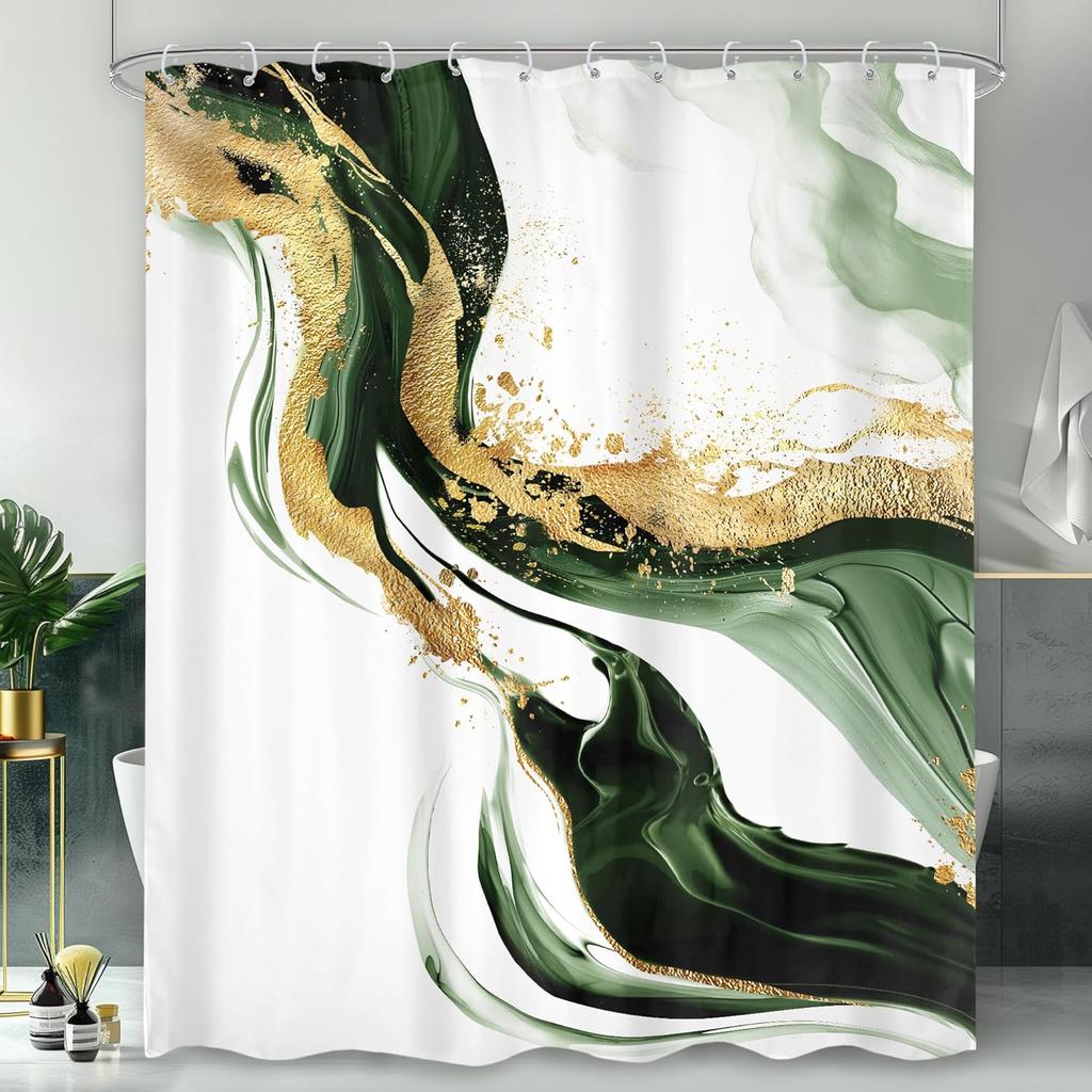 Green Gold Marble Flower Shower Curtain Rose Abstract Modern Floral Luxury Minimalist Ink Texture Men Hooks Fabric Waterproof