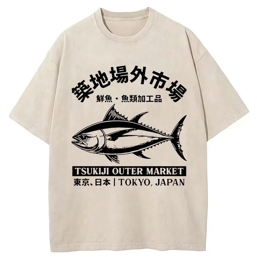 Funny Fish Japanese Tsukiji Market Vintage Washed T Shirts Unisex Women Summer Fashion Cotton Short Sleeve Tshirt Streetwear