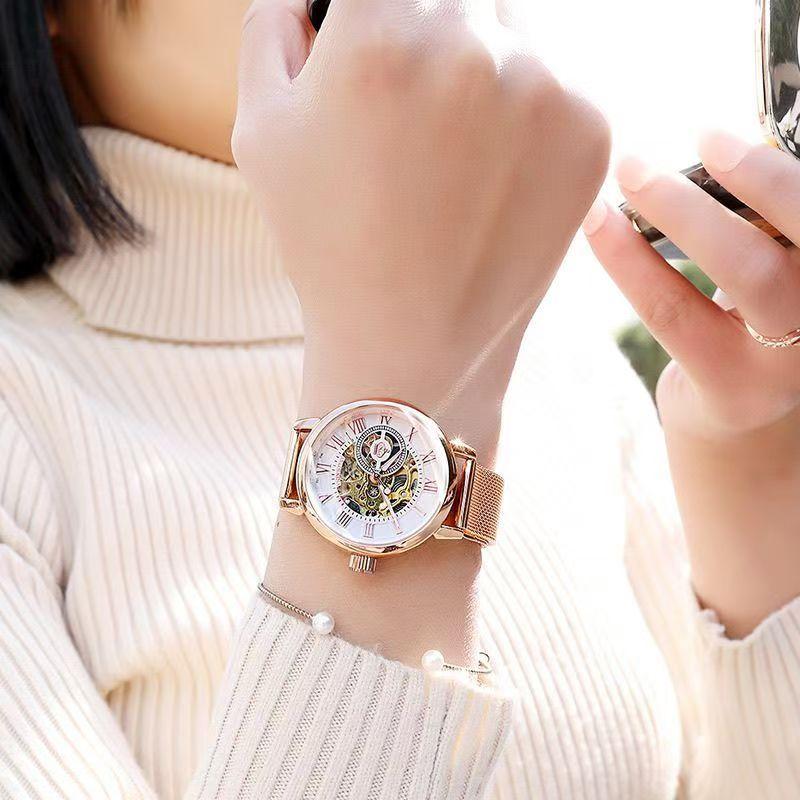 Orologi Meccanici di Lusso da Donna Oro Rosa Scheletro Automatici da Polso Regalo