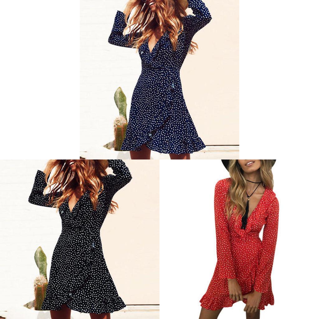 Elegant 128 Digital Print Irregular Ruffle Hem Polka Dot Deep V Chiffon Dress For Stylish Adults
