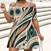 Women Plus Size Cold Shoulder Chain Strap Short Sleeve Printed Loose Dress Pink Purple White