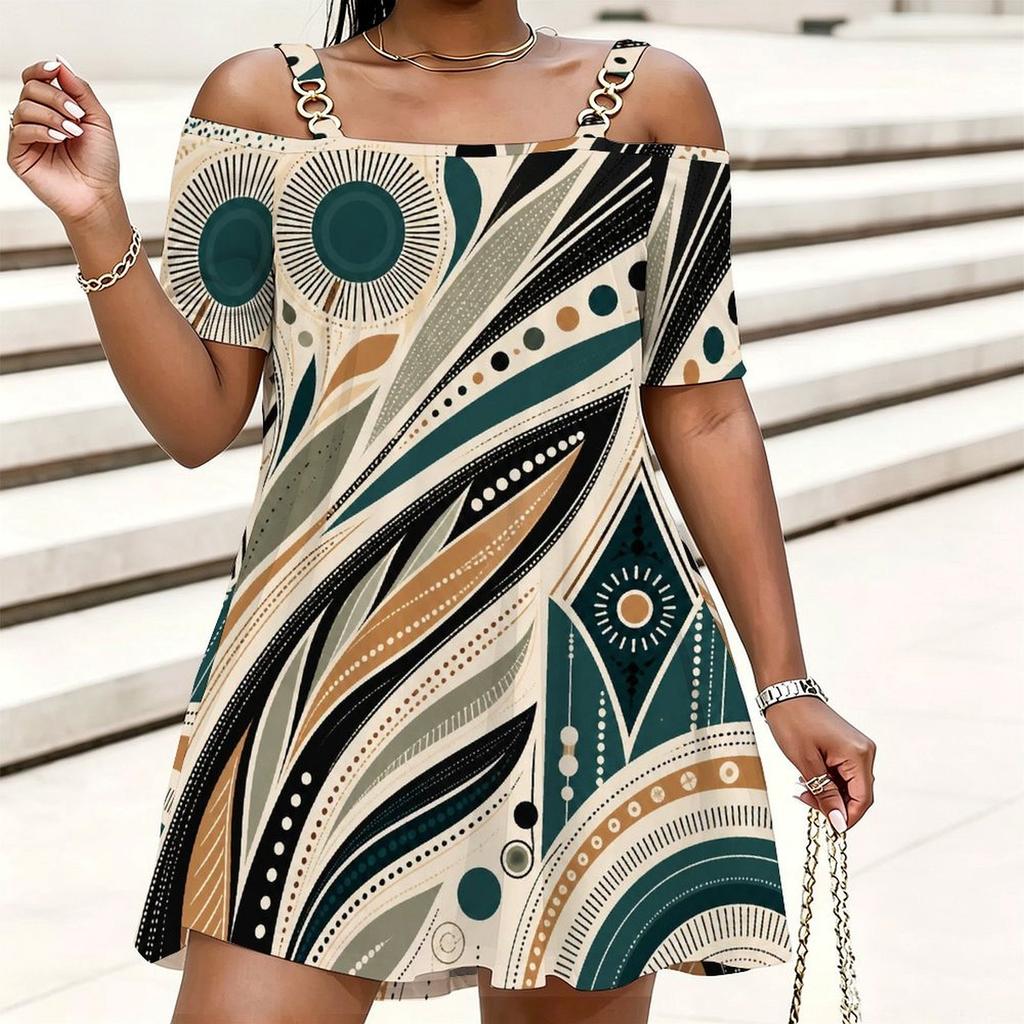 Women Plus Size Cold Shoulder Chain Strap Short Sleeve Printed Loose Dress Pink Purple White