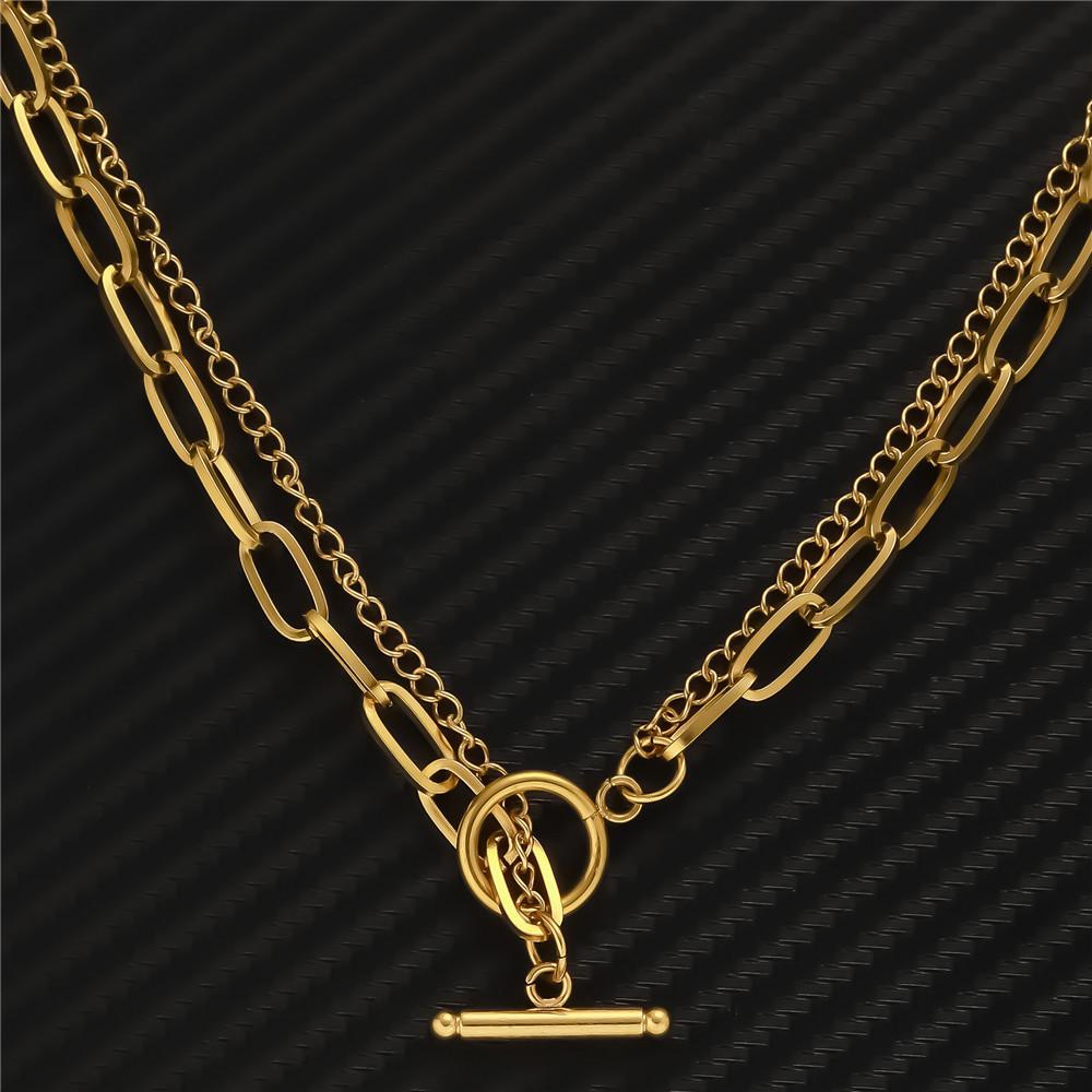 Minimalist Stainless Steel Double-Layer Square Chain Necklace with OT Toggle Clasp - Women's Hip Hop Jewelry