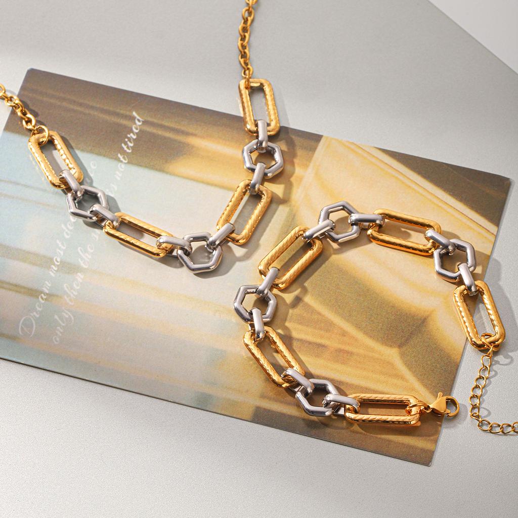 Women's geometric hollow-out necklace, fashionable versatile spliced color-block necklace and bracelet, 18K gold plated