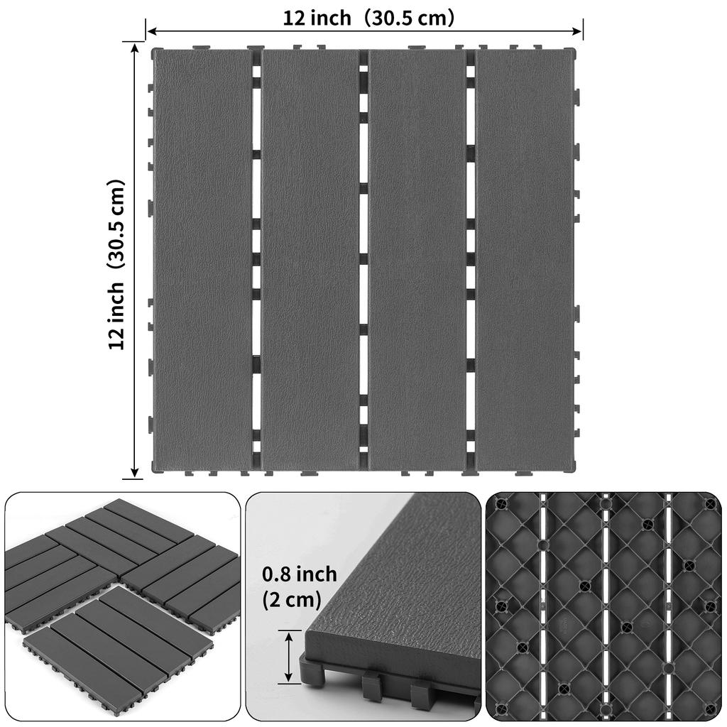 Plastic Interlocking Deck Tiles,44 Pack,12"x12" Square Waterproof Outdoor All Weather Use, Patio Decking Tiles for Poolside Balcony Backyard,DARK Grey