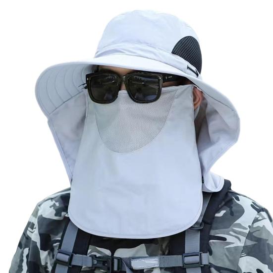 Outdoor Sunscreen Hat with Face Neck Cover And with Lace-Up Design Hollow Mesh Large Brim Anti-UV Sunlight Protection Outdoor Fishing Travel Cap