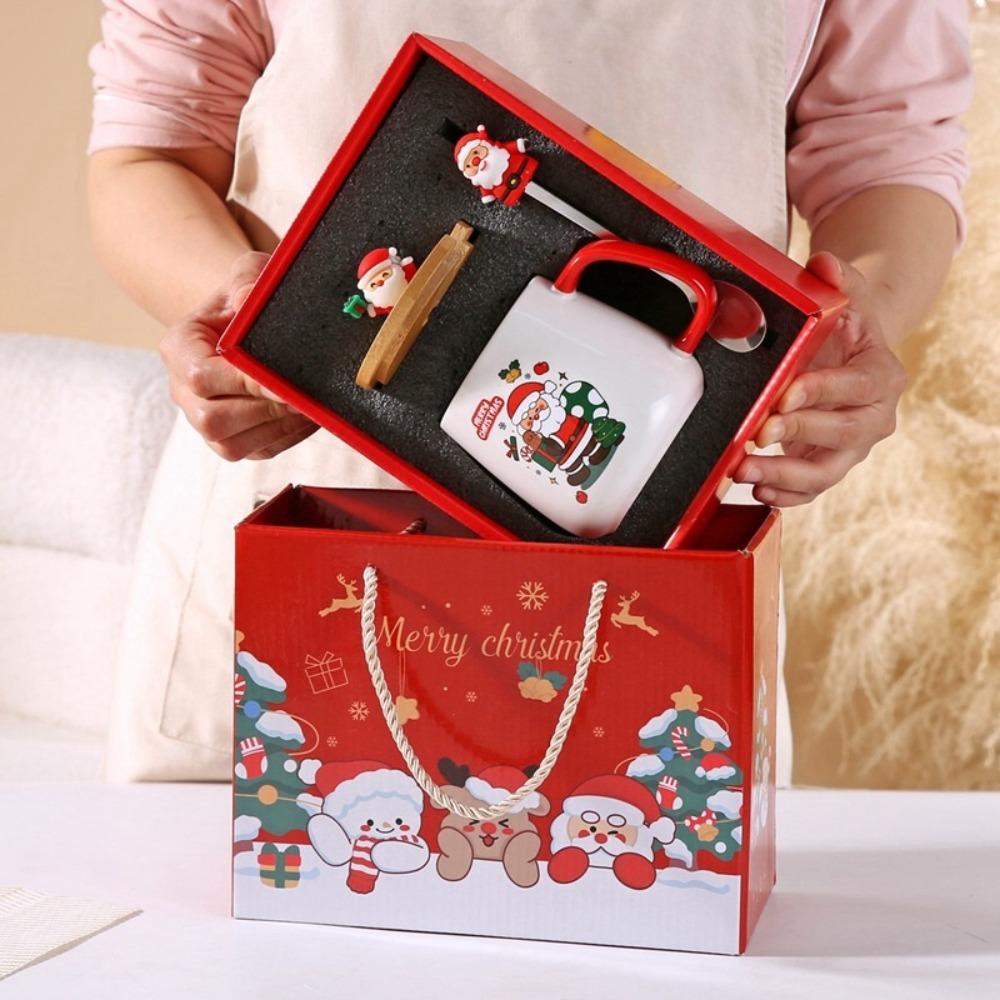 Merry Christmas Cup Spoon Set Wooden Lids Coffee Cup Teaspoon Cute Mug Gift Box  Home Use