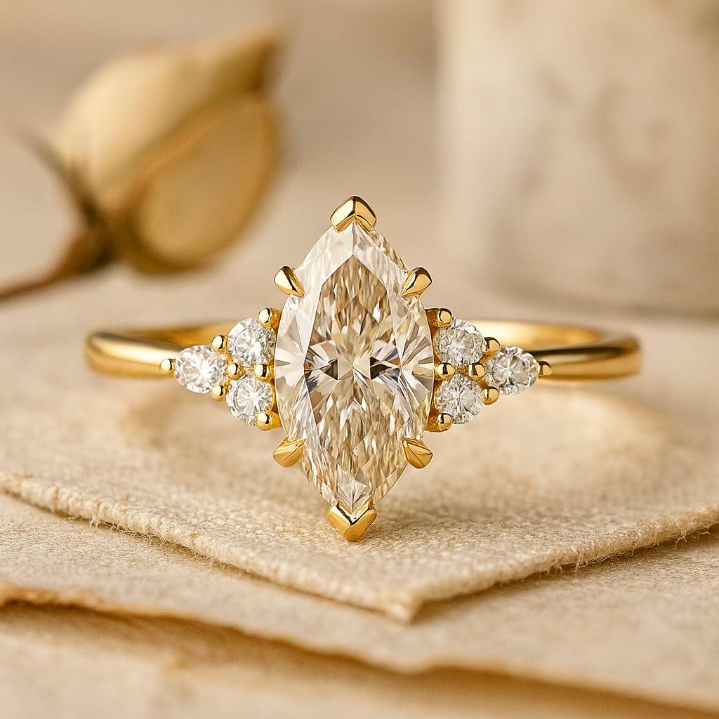 Moissanite Wedding Engagement Ring, Cluster Wedding Ring, Yellow Gold Plated Ring, Birthday Gift for love