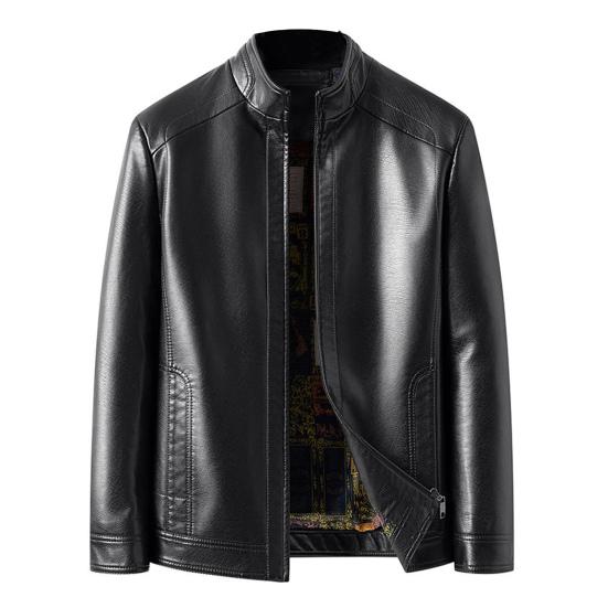 Men Jacket Standing Collar Zipper Closure Jacket Autumn Winter Casual Faux Leather Jacket Gift for Dad Boyfriend