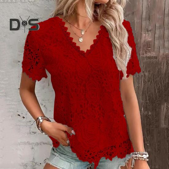 Tricou de vară pentru femei, gât în V, mânecă scurtă, casual, broderie ajurată, dantelă, pulover, topuri streetwear