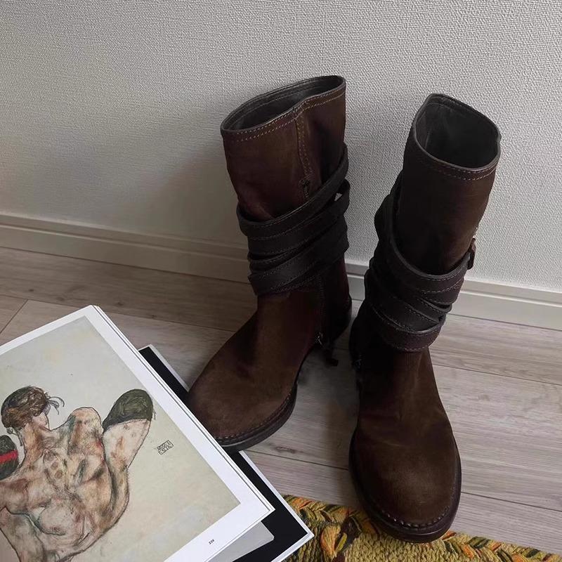 Desert boots new retro straps western cowboy boots women's brown pile boots medium tube knight boots