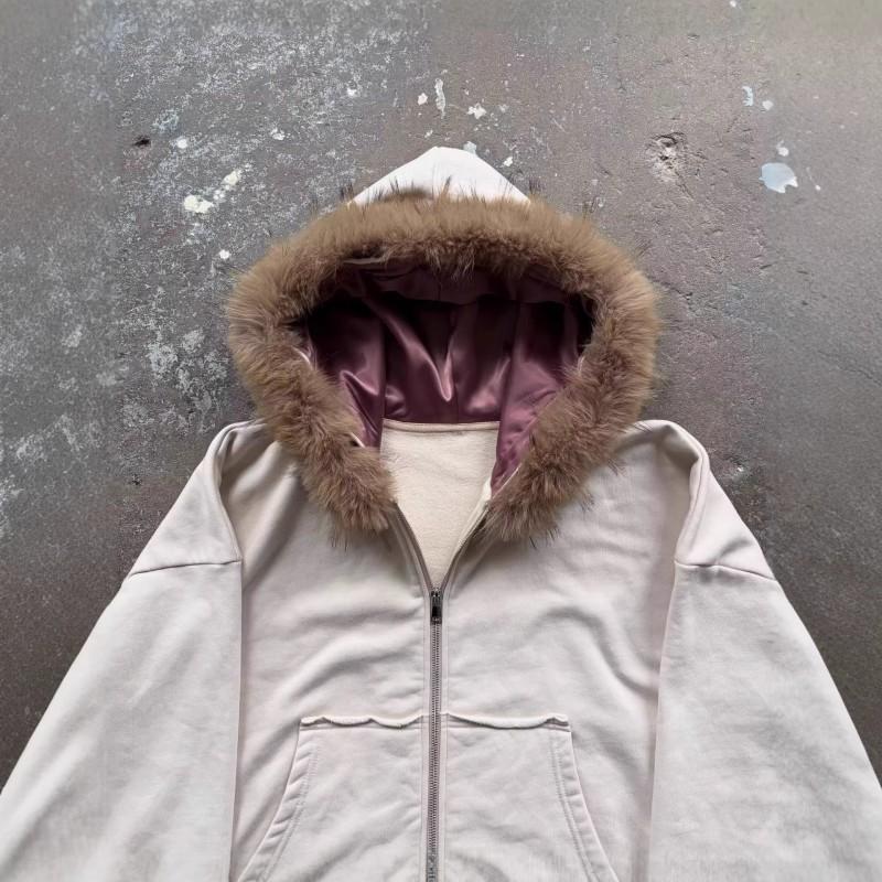 Unisex Oversized Retro Minimalist Hoodie With Faux Fur Collar Embellished Beading Streetwear Casual Sweatshirt Winter