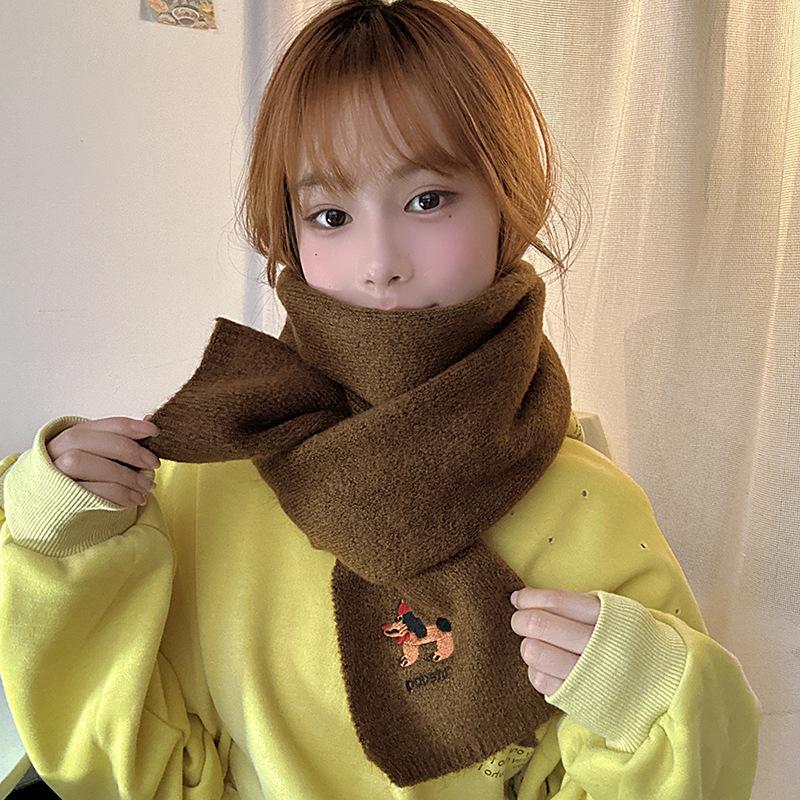 Falling Pool Knitwear: Women's Cute Puppy Embroidered Winter Scarf - Warm, Versatile Cartoon Neck Warmer