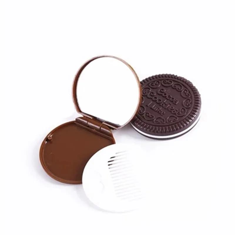 1Pc Cute Creative Simulation Chocolate Sandwich Biscuit Mini Mirror Girls Portable Pocket Makeup Folding Round Mirror with Comb