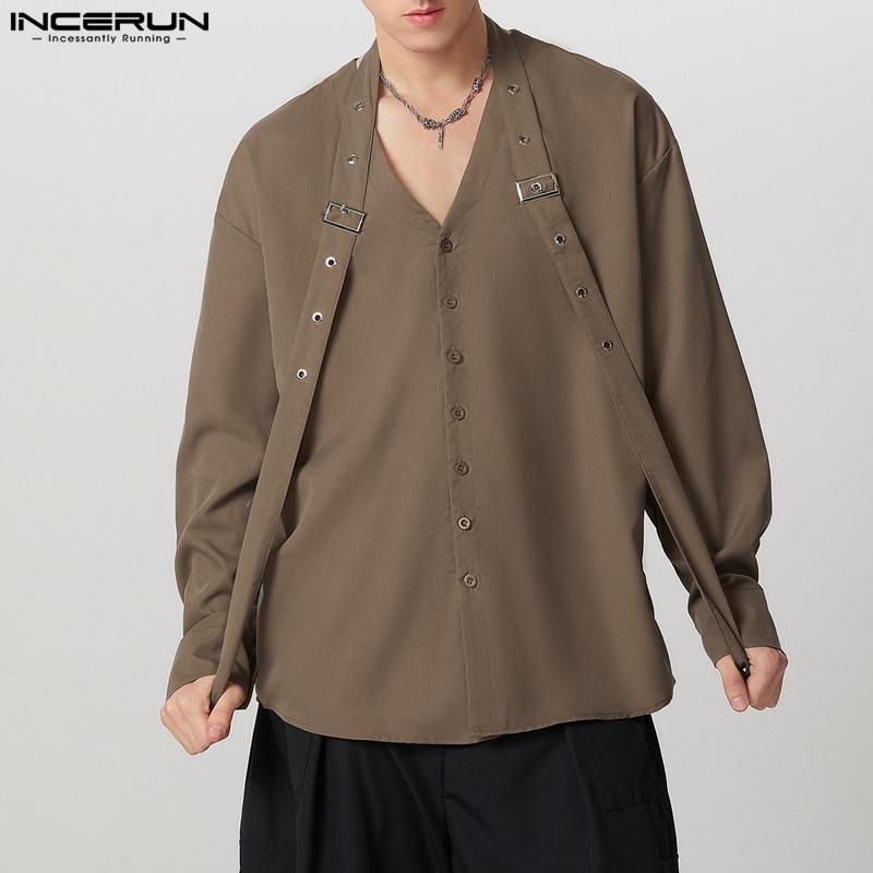 

INCERUN Men V Neck Long Sleeve Patchwork Button Up Casual Loose Shirts 4XL коричневый