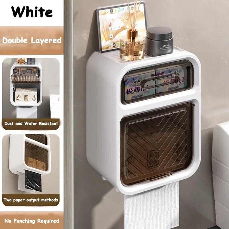 Toilet Paper Holder, Wall-Mounted Tissue Holder, Phone Tissue Storage Box, 2 IN1, Cosmetic Organizer, Bathroom Roll Paper Holder