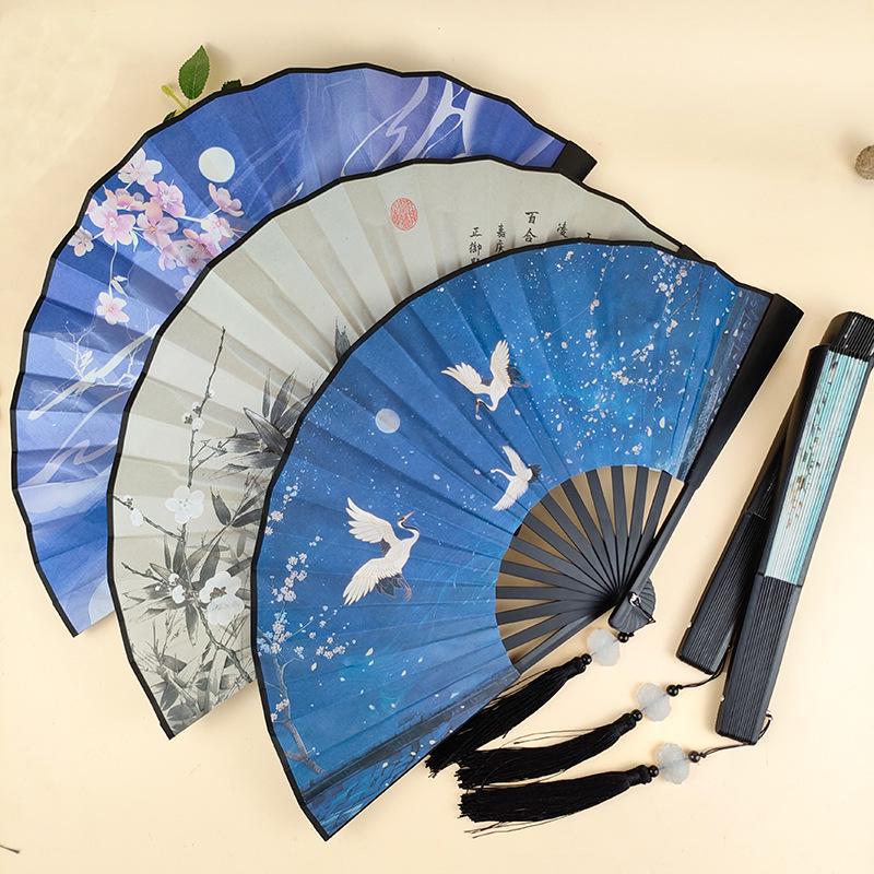 Ancient Style 8-Inch Folding Plastic Fan with Tassel for Men's Hanfu Dance