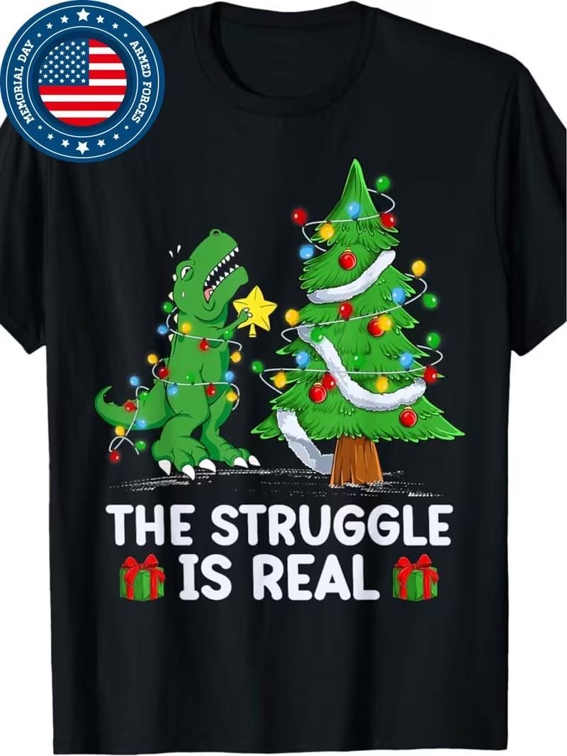 Funny Dinosaur Christmas T-Shirt - Struggle Is Real T-Rex Dino & Ugly Sweater De 2XL