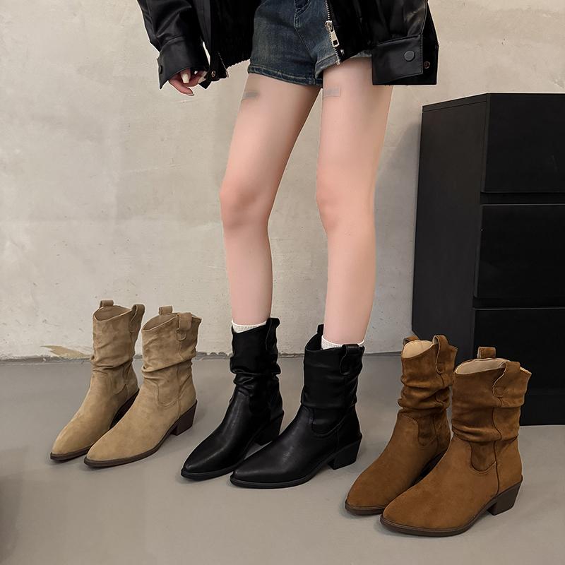 Fashion 2025 New Style High Heels Pleated Boots for Women Autumn Winter Leather Western Boots Woman Thick Heeled Boots