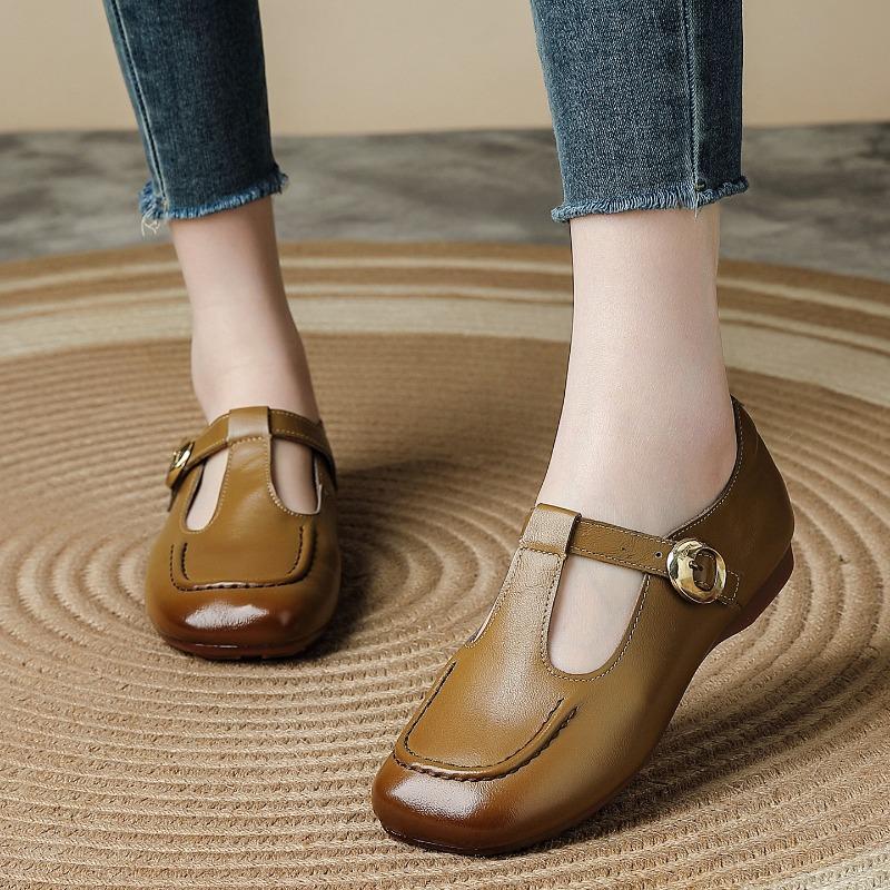 First layer cowhide single shoes spring new square head Mary Jane shoes retro literary and art fan women's shoes wide head soft sole mother shoes