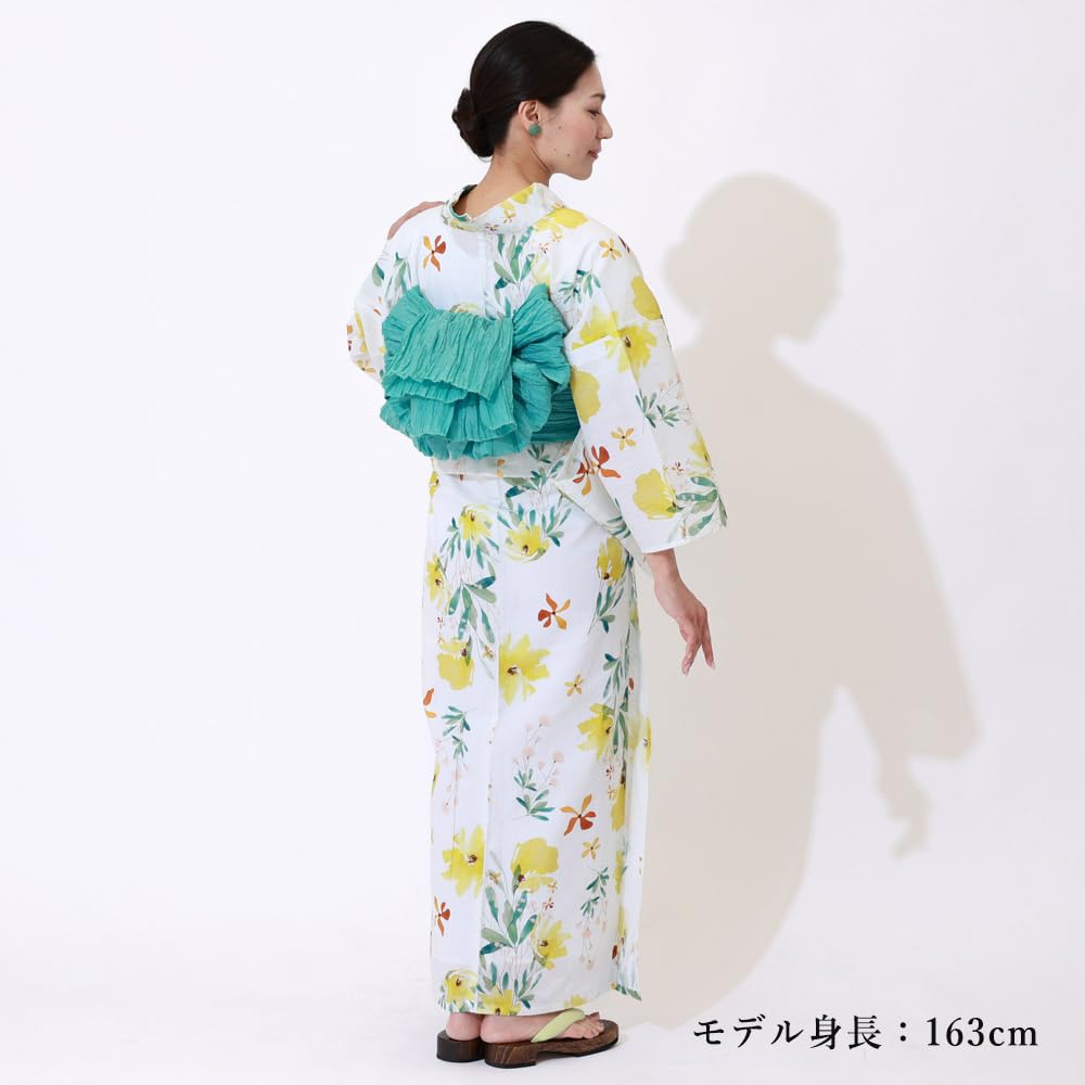Kyoto Kimono Yuzen Women's Yukata and Obi Set, 2-Piece, Floral Print, Summer Kimono (Yellow)