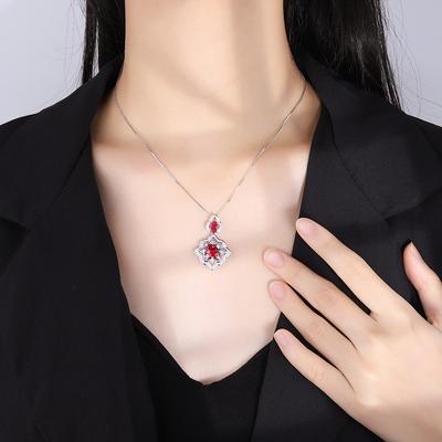 Simulation Red Corundum Necklace Flower Inlaid Sapphire Zircon Necklace Pendant Female