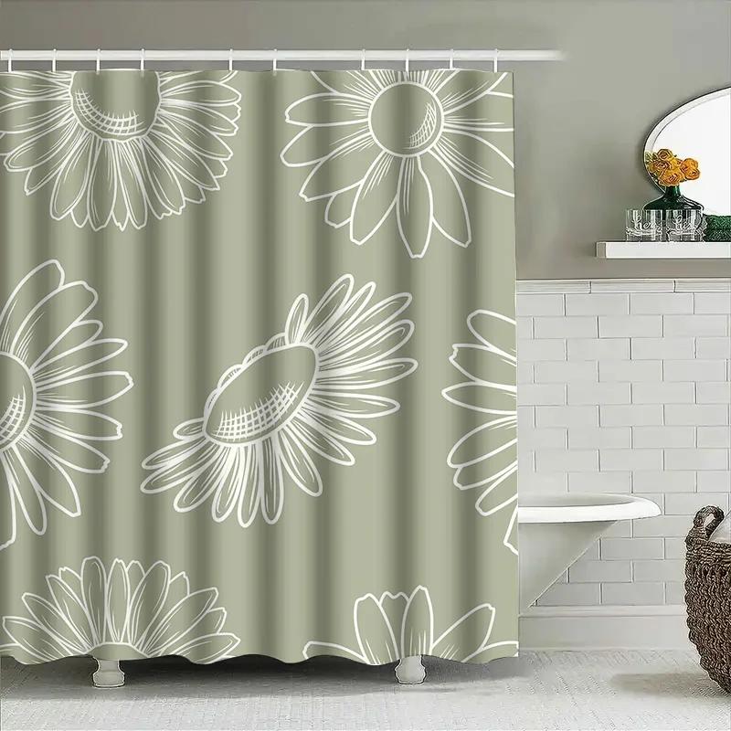 Modern Floral Shower Curtain Decorative Waterproof Washable For Bathrooms Green White Pattern