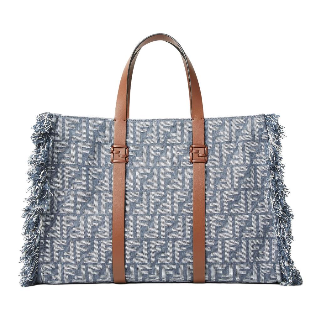 Fendi Logo Print Trimmed Tote Bag With Tassels Women Tote Bags Blue 8BH435-AUT4-F1SXQ