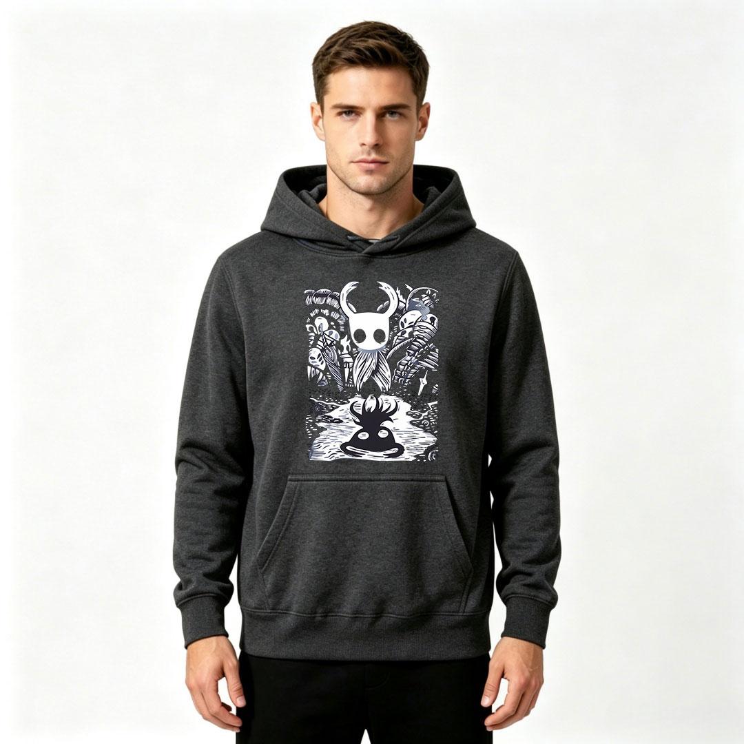 Men Adult Hollow Knight Game White Ink Heat Transfer Print Hoodie Casual Long Sleeve Hooded Sweatshirt Streetwear Pullover Tops S