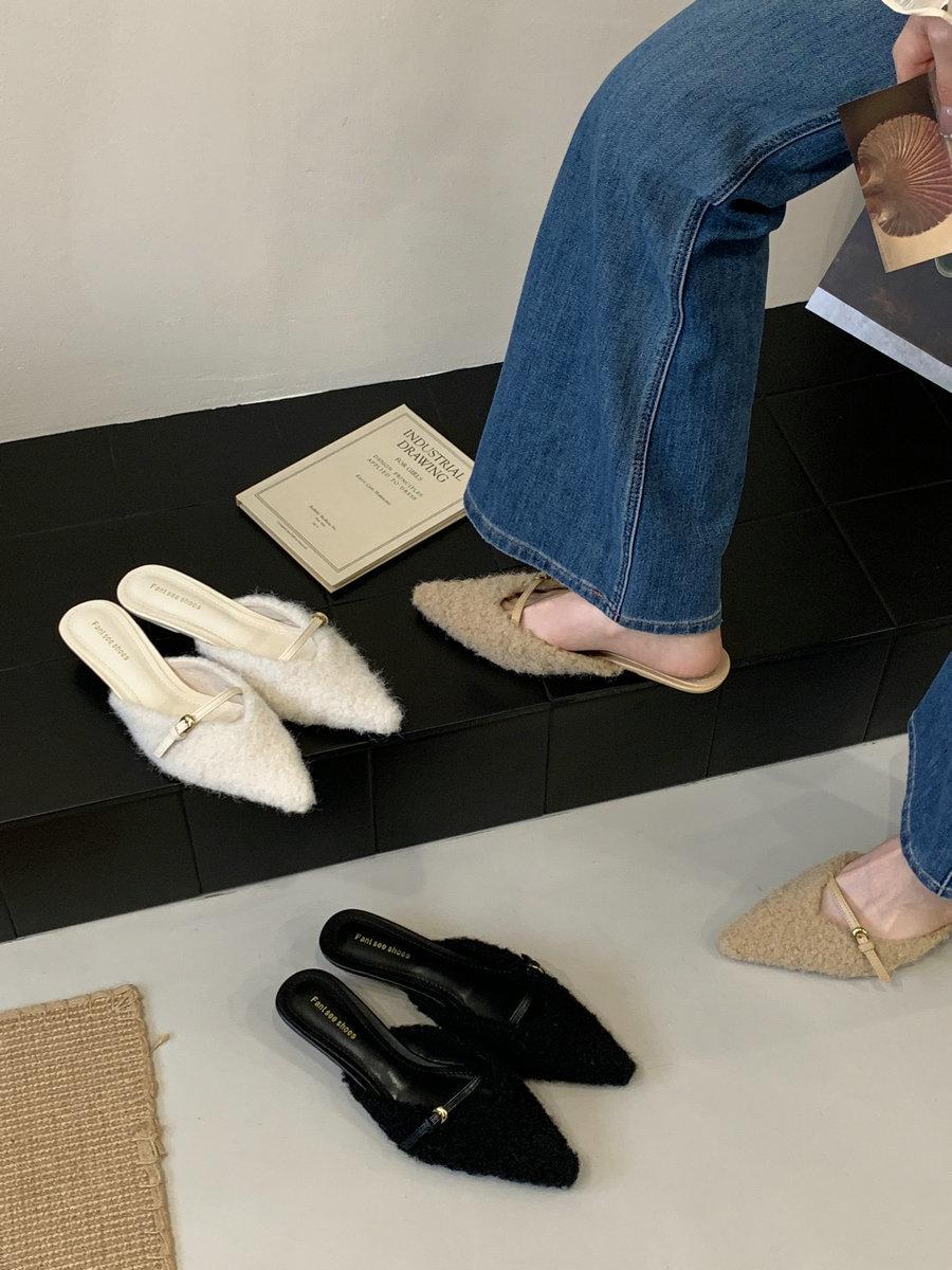 

2025 новая мода темперамент плюшевая сумка голова полутапочки фея нежная фея ветер тонкий каблук крутые тапочки пушистые тапки 39 абрикосовый