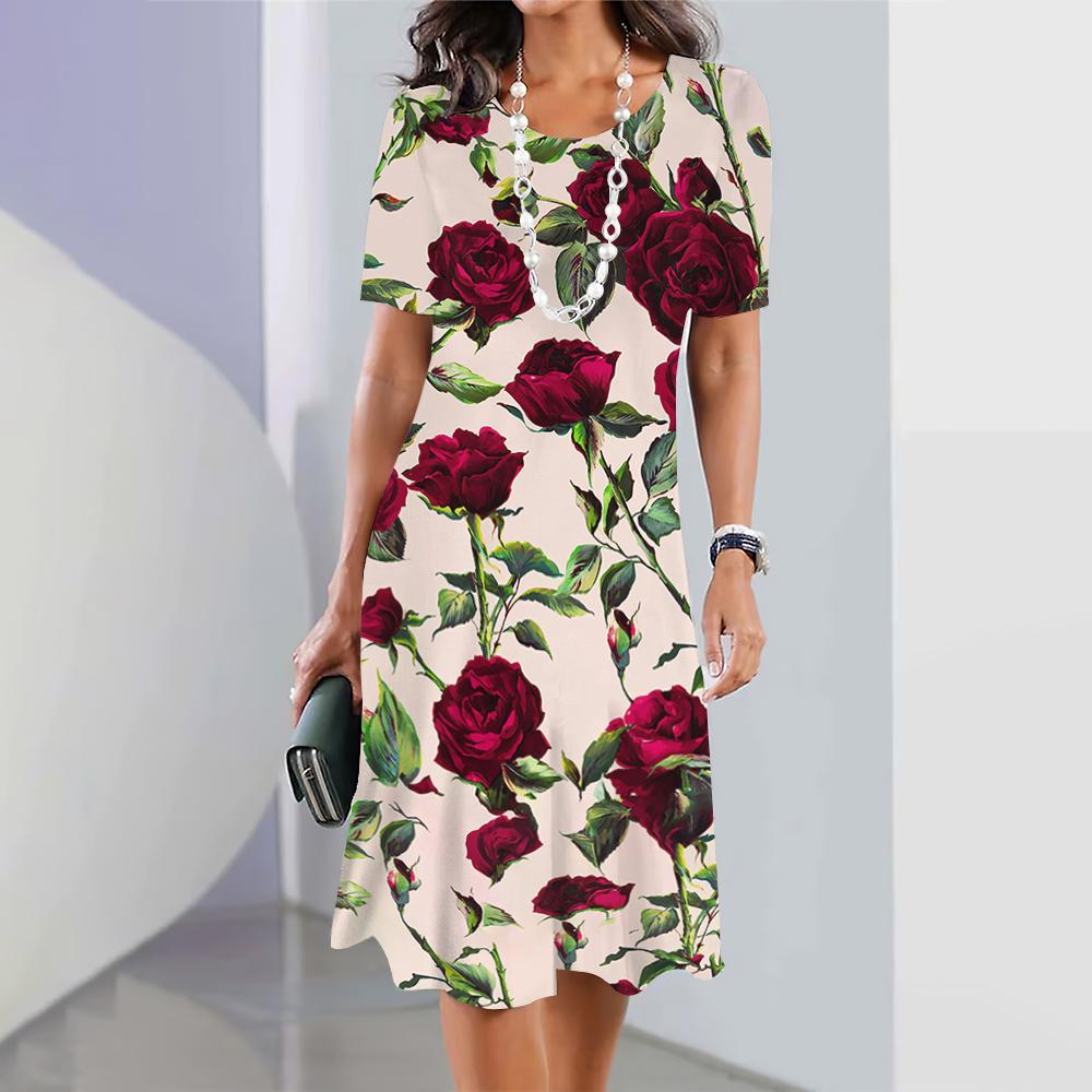 2026 Neue Mode Damen 3D Blumendruck Kleid Kurzärmelig Elegant O-Ausschnitt Kleid Streetwear Lockeres Kleid