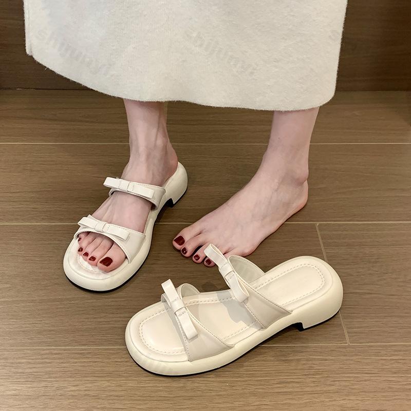 Fashion Womens Slippers 2025 New Summer Low Heel Silver Women's Comfortable Outdoor Beach Shoes Platform Bowknot Fashion Dress Slippers