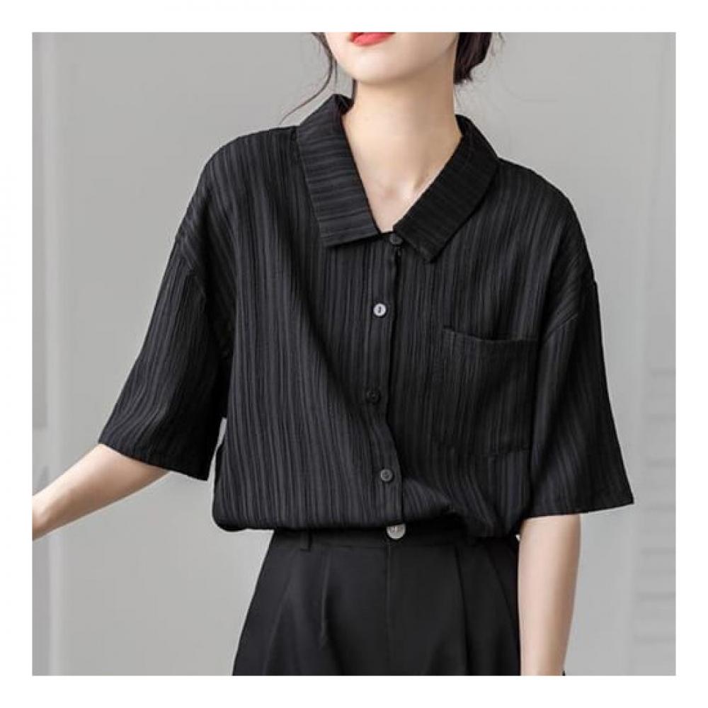 Navava Women Casual Solid Loose Fit Short Sleeve Shirt Nb2106