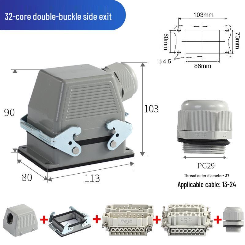 Heavy-Duty Rectangular Aviation Connector Plug & Socket: 6, 10, 16, 24, 32 Pin Options