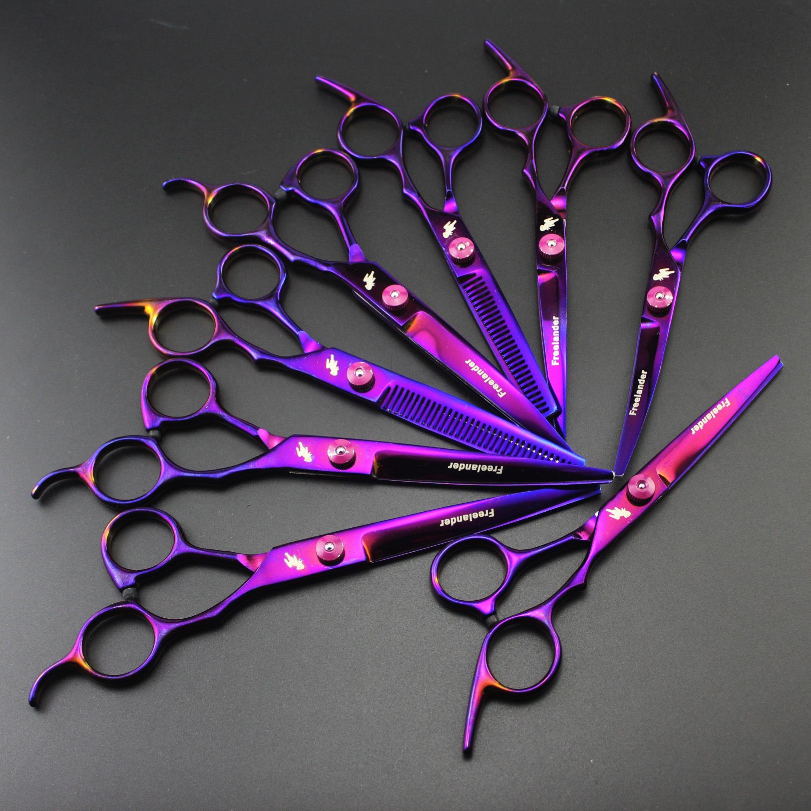 

6 inches 7 inches, purple, hand shape, pet scissors, beauty scissors, straight scissors, tooth scissors, thin scissors and curved scissors. 6inch purple dental scissors