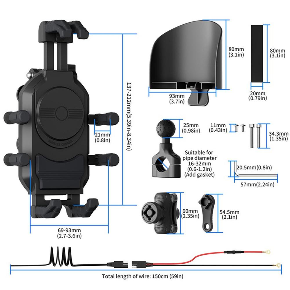 Wireless Charger Motorcycle Phone Holder 15W for 16-32mm Handlebar