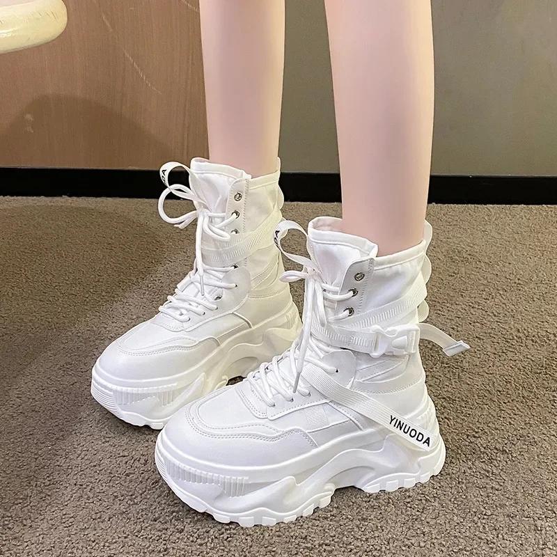 Móda Horká Móda Dámské Robustní Platformové Motorkářské Boty Bílé Šněrovací Boty se Silnou Podrážkou Dámské Podzimní Zimní Kotníkové Boty De Mujer