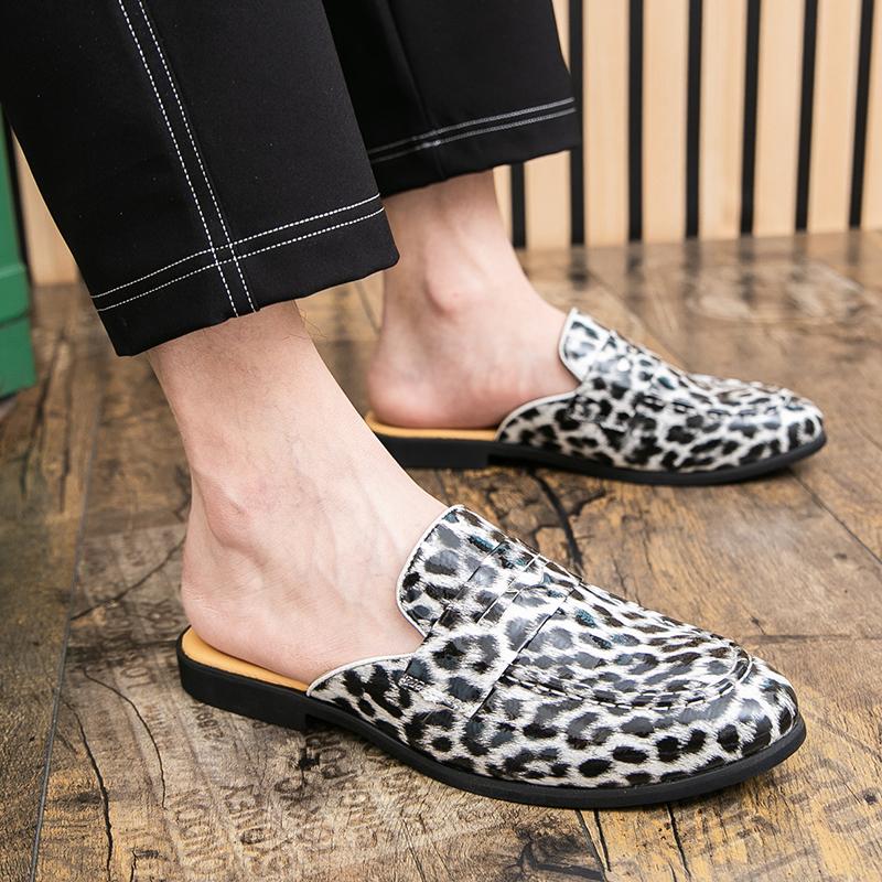 Men's Slippers Mule Loafers Leopard Print Leather Clogs Summer Dress Sandals Casual Backless Half-drag Shoes Plus Size