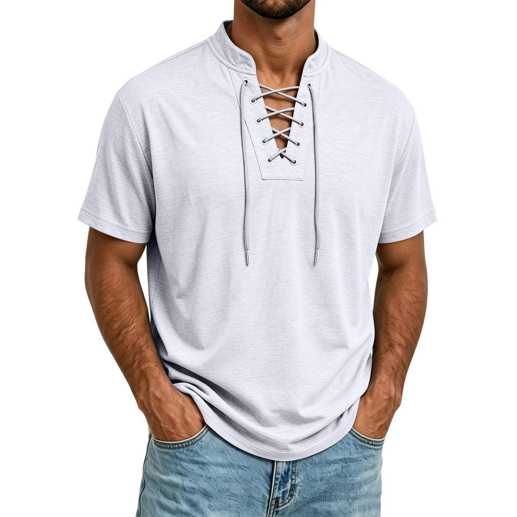 T-shirt décontracté à manches courtes pour homme Tissu léger et respirant Col à cordon de serrage Haut d'été