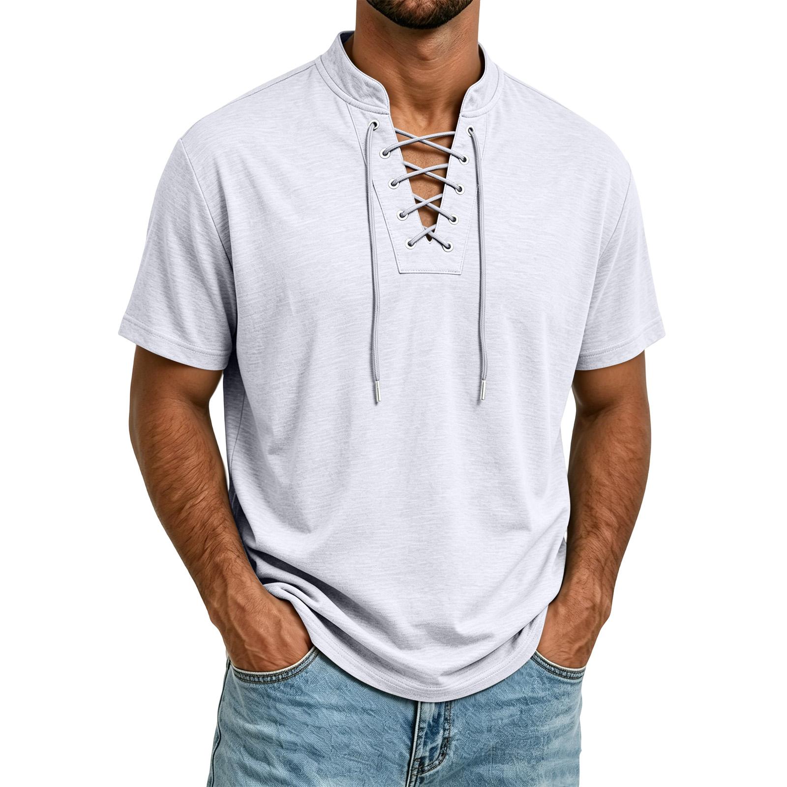Xingben Six Casual T-shirt voor heren, korte mouwen, lichtgewicht, ademende stof, nek met trekkoord, zomer top M wit