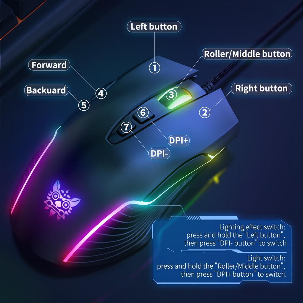 CW905 RGB Gaming-Maus Kabelgebunden mit RGB-Hintergrundbeleuchtung, 6 einstellbare DPI bis zu 6400, Ergonomische Gamer-Laptop-PC-Maus mit 7 programmierbaren Tasten