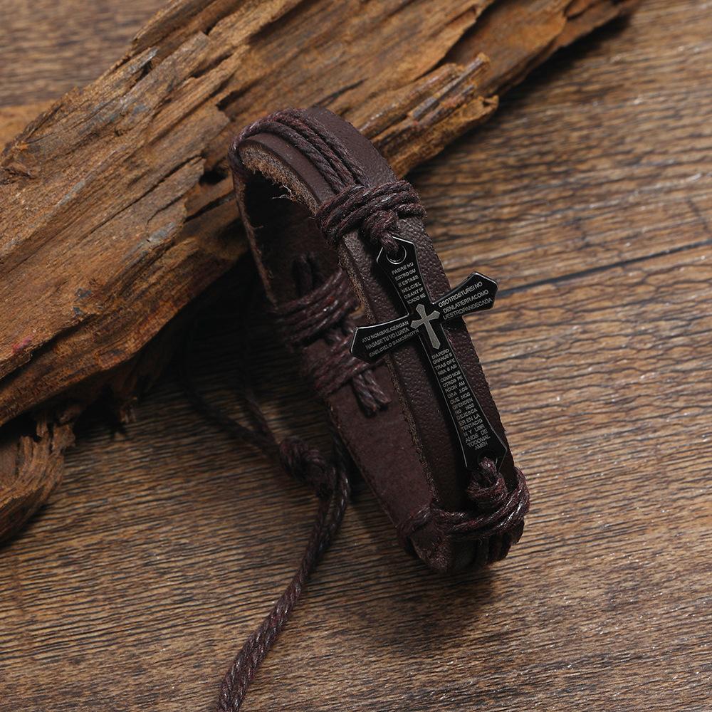 Retro Punk Metal Cross Bible Bracelet Hand Woven Cowhide Leather Adjustable Christian Unisex Jewelry Gift for Men Women