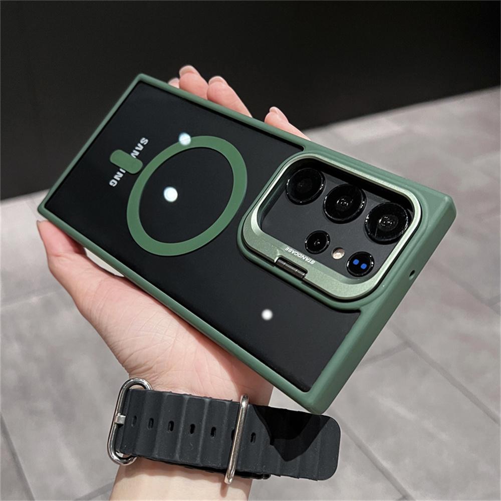 For Magsafe Transparent Magnetic Phone Case For Samsung S25 S24 S23 Ultra S22 Plus Luxury FoldLens Stand Holder Acrylic Cover