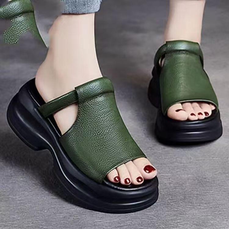 thick-soled fish mouth sandals women's summer new muffin retro soft-soled outdoor height-increasing leather cool slippers women