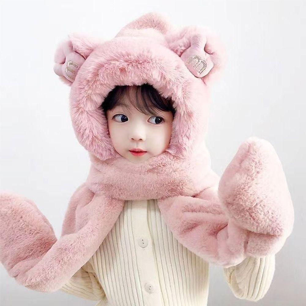 Winter Thick Hats Scarf Gloves Set With Long Scarf Warm Winter Plush Hooded Windproof Fluffy 3-in-1 Soft Hat Toddler