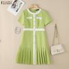 ZANZEA Women Casual Round Neck Short Sleeve Elegant Pleated Dress