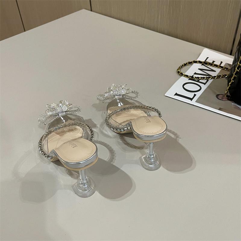 Fashion Eilyken Fashion String Bead Crystal Buckle Women Pumps Sexy Pointed Toe Low Heels PVC Transparent Sandals Wedding Prom Shoes