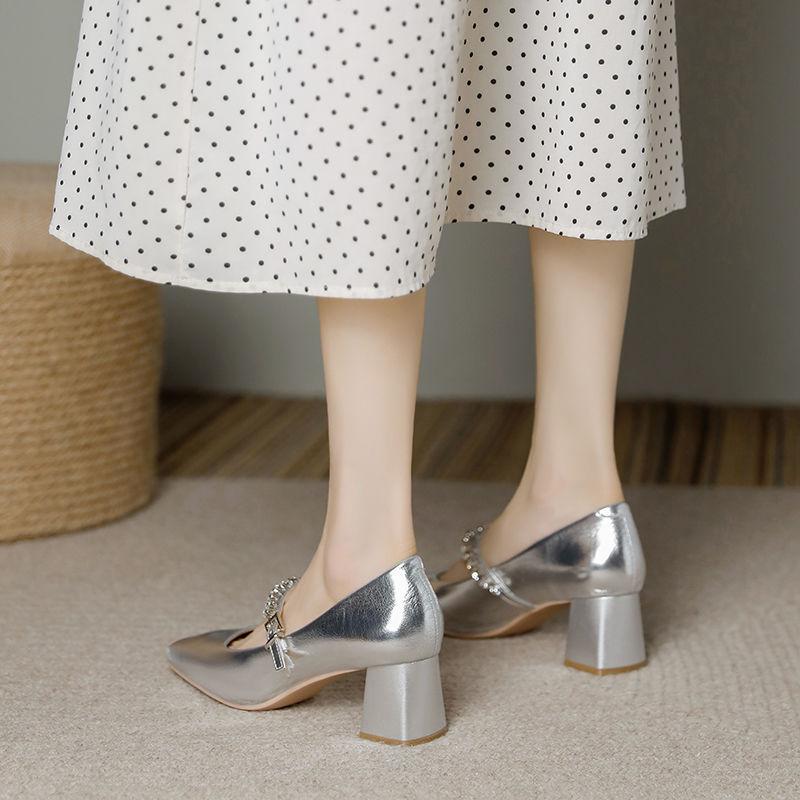 Fashion Hot Selling 2025 Comfort Shoes for Women Rhinestone Sandals Shallow Mouth Square Toe Suit Female Beige Fashion Closed Flat Ne