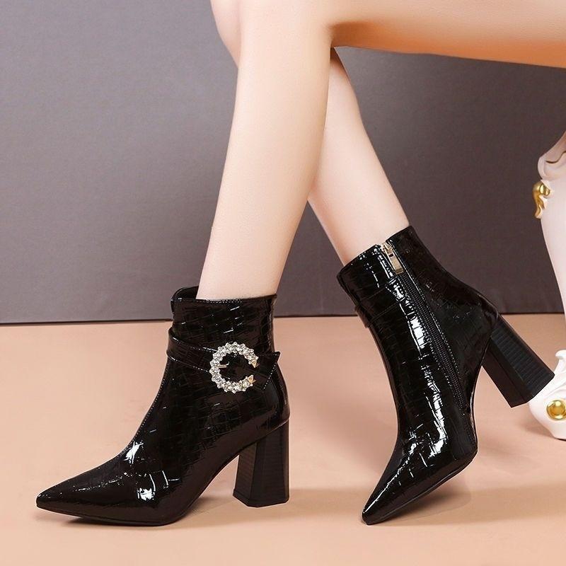 Fashion French Elegant Croc - Embossed Patent Leather Ankle Boots | Rhinestone C - Buckle Pointed - Toe Block Heel Evening Boots