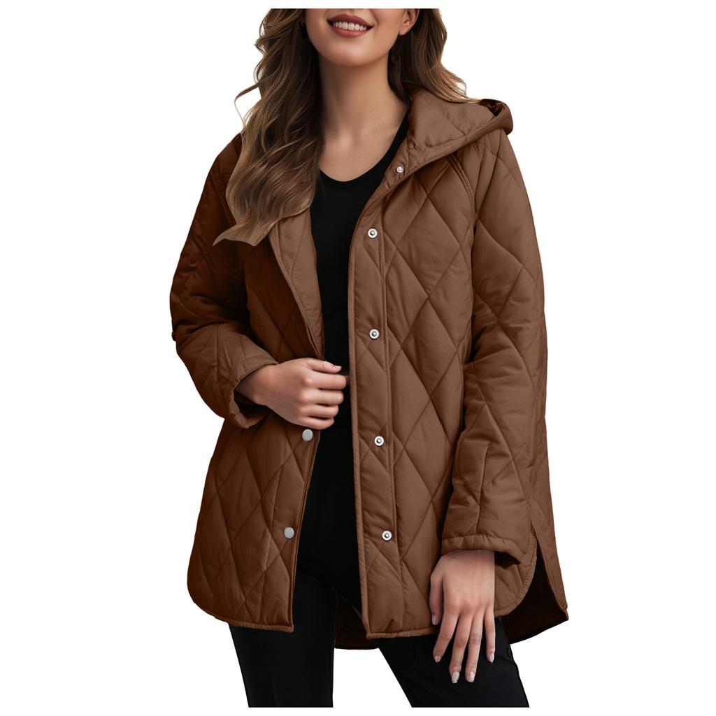 Herbst Winter Mode Jacke Mantel Damen Parkas Freizeit Gewellter Rand Kapuze Baumwolle Gepolsterter Mantel Gitter Muster Oberbekleidung